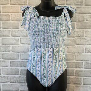 Boutique Retro Smocked Floral One Piece Swimsuit NEW S Cottage Modest Blue